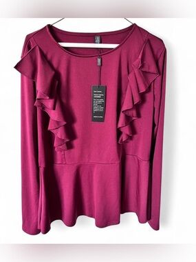 ANORAK NWT Women’s Ruffle-Front Long Sleeve Top — Berry Plum